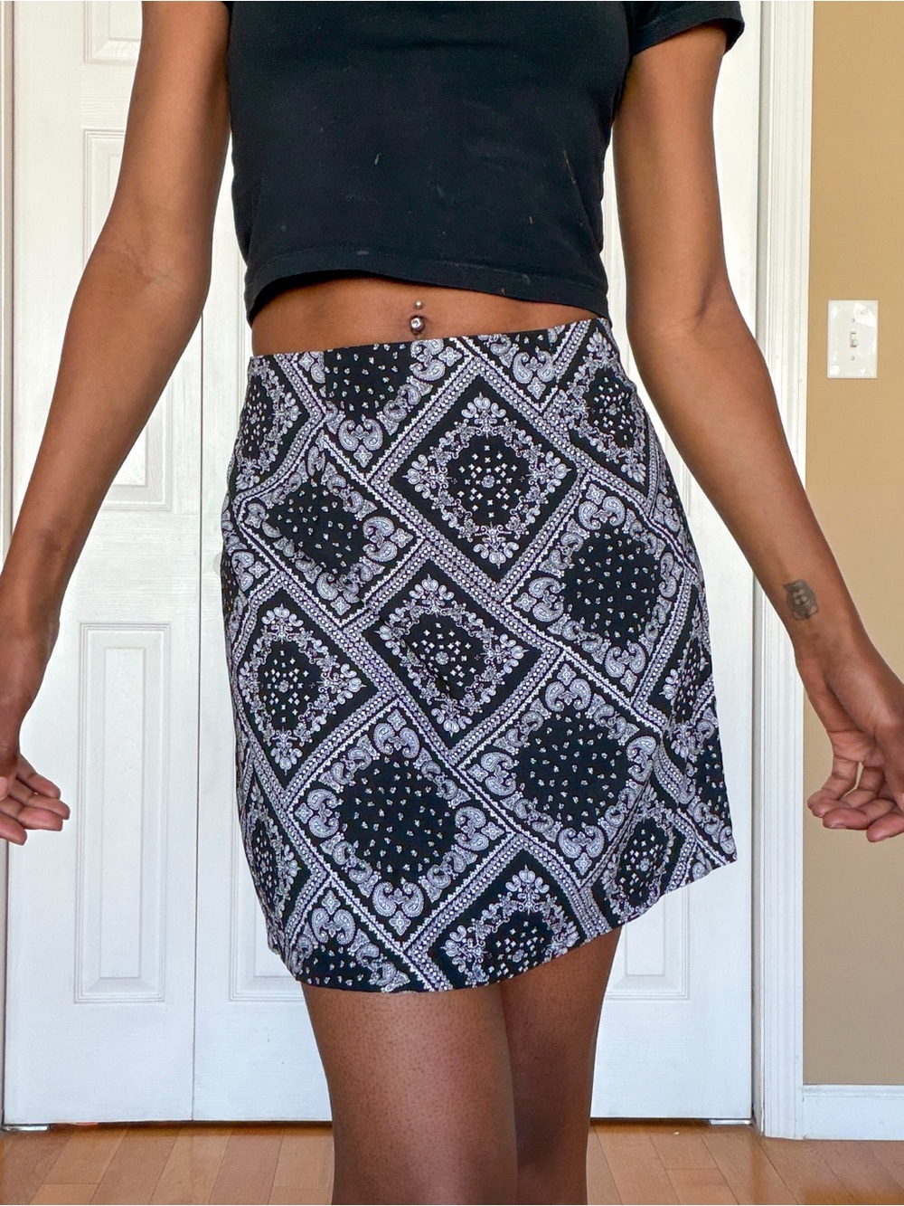 Black Patterned Mini Skirt - Women's